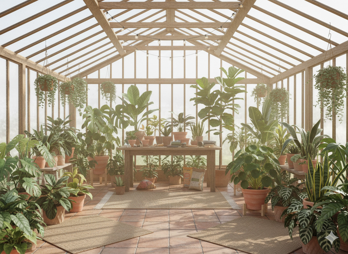 Interieur van onze kas met diverse kamerplanten